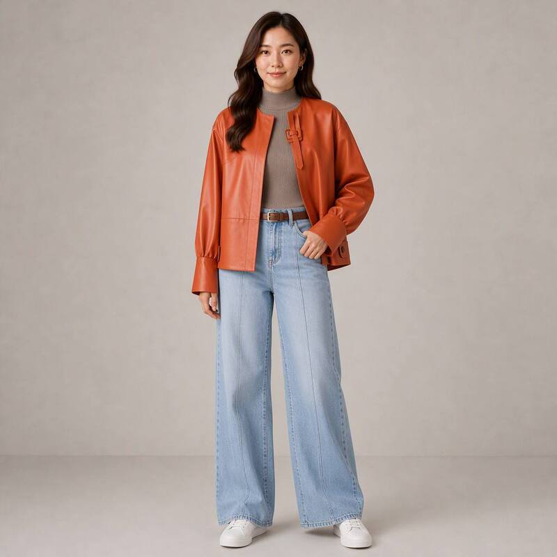 2026 Spring and Autumn New Style Round Neck Trendy Slimming Casual Leather Jacket for Women with Lantern Sleeves Designer Versatile Leather Coat