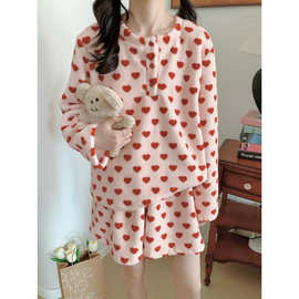 实拍2025韩国ins秋冬新款加绒加厚睡衣套装爱心长袖短裤居家服潮