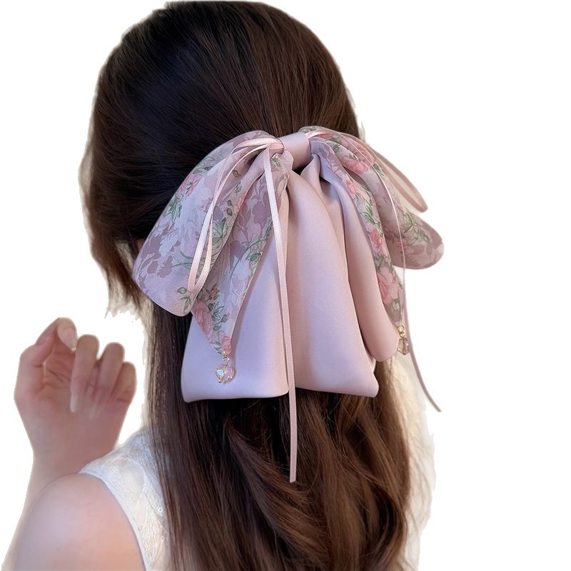 高級ローズプリントメッシュリボンヘアピンフレンチ新スタイル雰囲気ポニーテールクリップライト高級ヘアクリップ|undefined