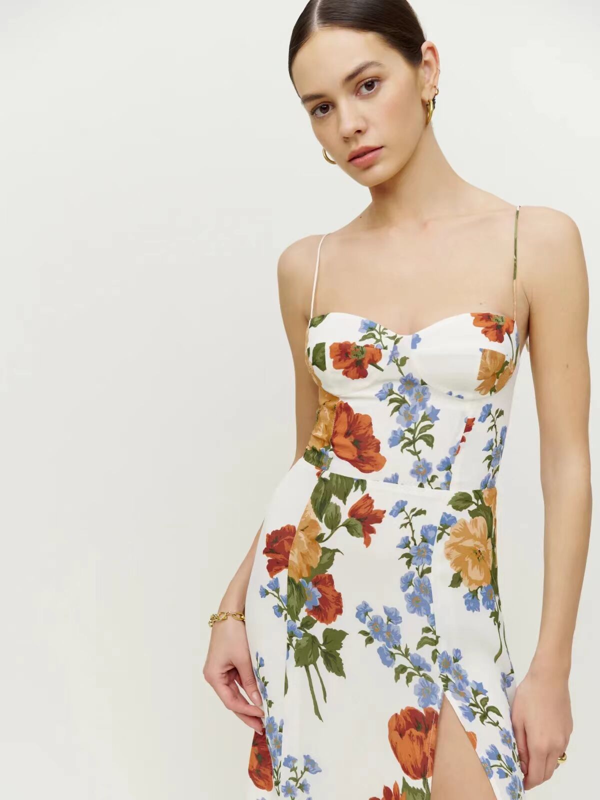 backless high waist side slit suspender floral print dress NSAM127554