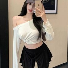 扭结斜肩长袖T恤女新秋季设计感纯欲辣妹超短款百搭上衣跨境批发