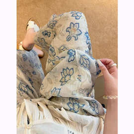 复古碎花苎麻裤子女2026新款夏季高级设计感休闲宽松小个子休闲裤