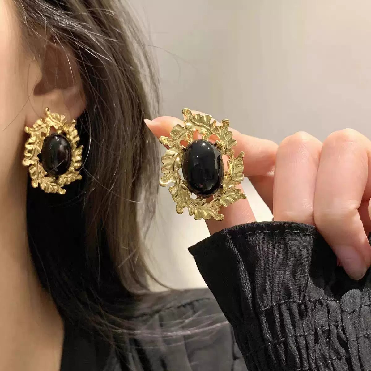 法式巴洛克黑色珍珠耳钉女小众设计高级感轻奢独特个性百搭耳饰