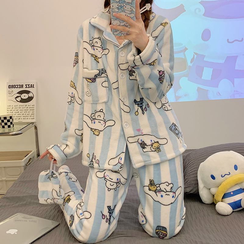 Rayas yugui perro pijamas de franela las mujeres japonés otoño y el invierno cardigan manga larga con máscara ojos dibujos animados homewear caliente conjunto