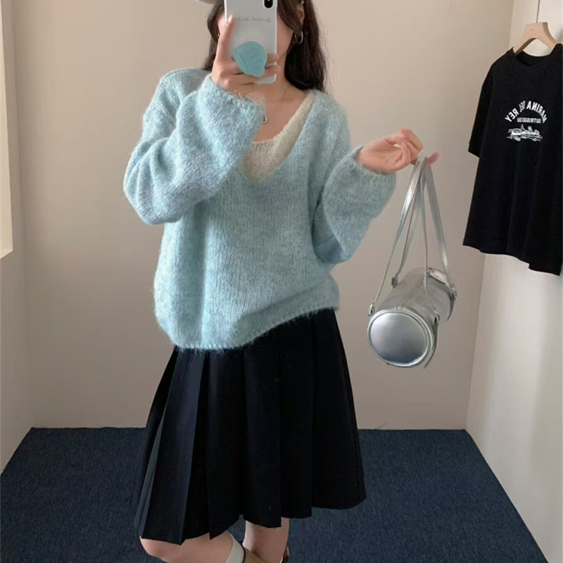 韩系穿搭假两件V领针织衫减龄秋冬新款温柔风软糯慵懒套头毛衣女|undefined