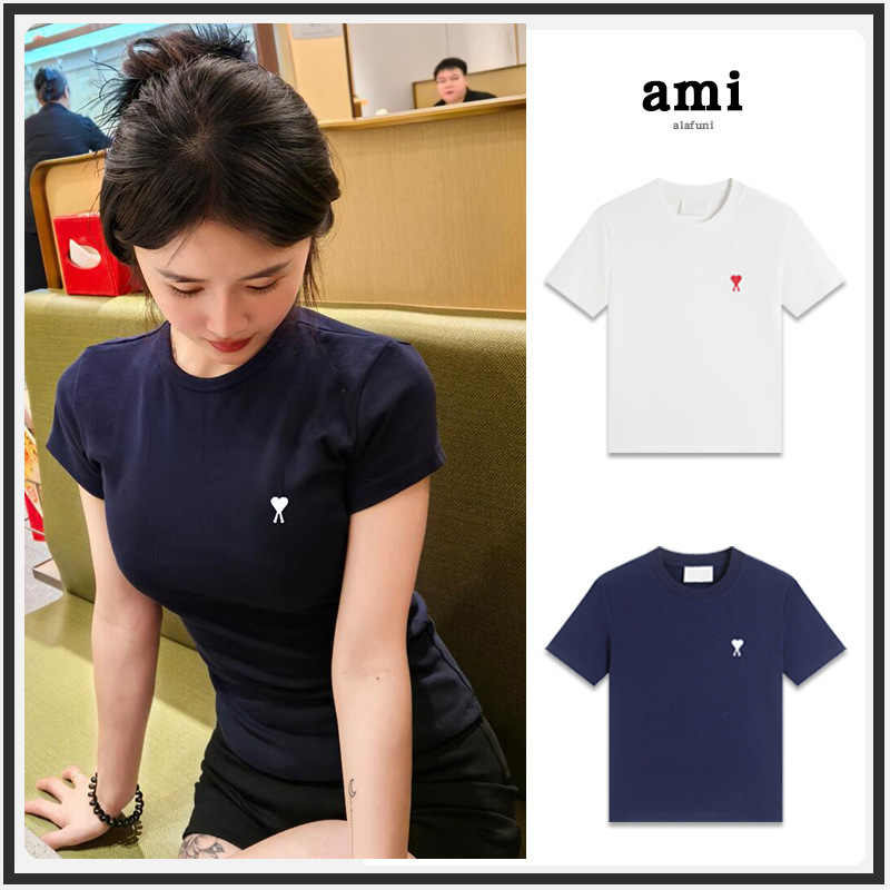 Foreign Trade Ami2026 Summer New Style Women's Short Classic Embroidered Small Heart Slim Fit T-Shirt Short Sleeve Foreign Trade