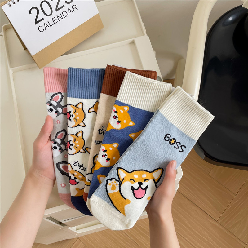 Boneless stitching Chinese socks Shiba Inu bear peripheral cute puppy Akita cartoon boat Socks short socks sports black and white