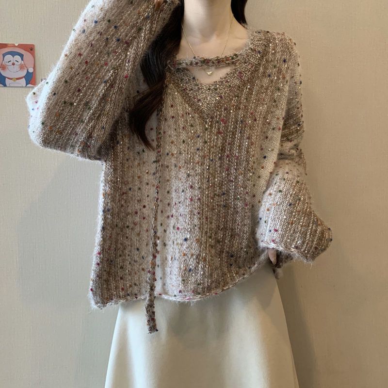 秋冬渐变色V领针织衫彩点毛衣女2025春秋季大码胖mm遮肚洋气上衣|undefined
