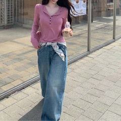 【韩女亨利领】chao舒服天丝羊毛！撞色扣长袖打底tee
