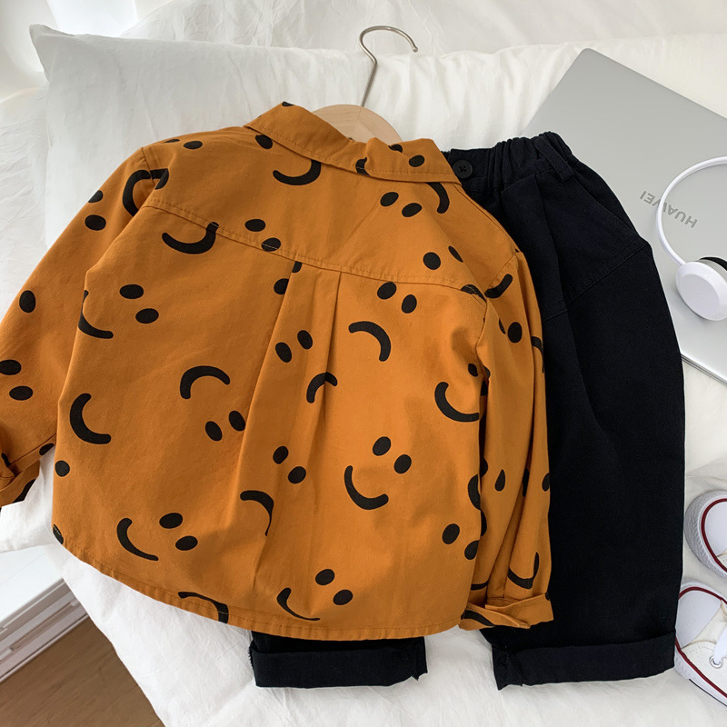 Nuevas camisas de manga larga para niños tendencia sonriente camisa de primavera y otoño para niños guapo camisa de algodón