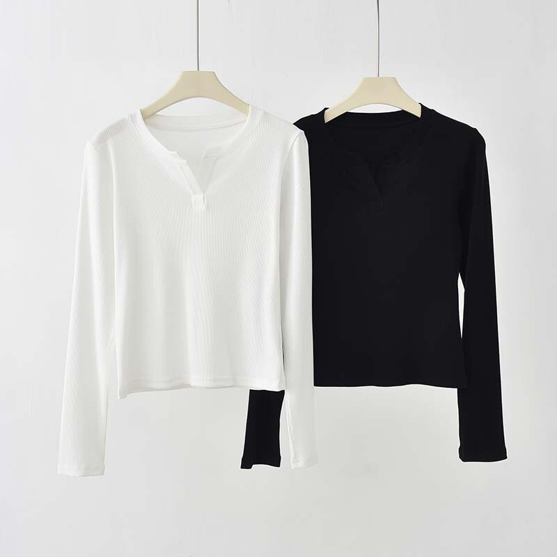 Yuko Silk Thread Cotton V-neck Knitted Base Top Women's Spring Simple Solid Color Slim-fit Slimming Inner Long-sleeve T-shirt