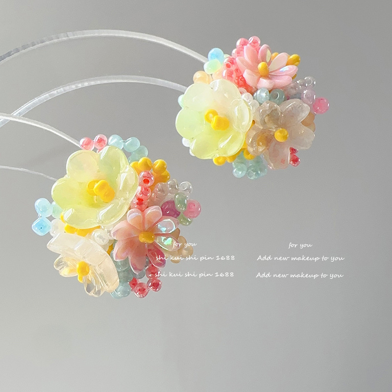 Dopamine Summer Atmosphere Sweet Flower Earrings Without Earholes Ear Clips Girl's Heart Hand-made Age-reducing Color Earrings
