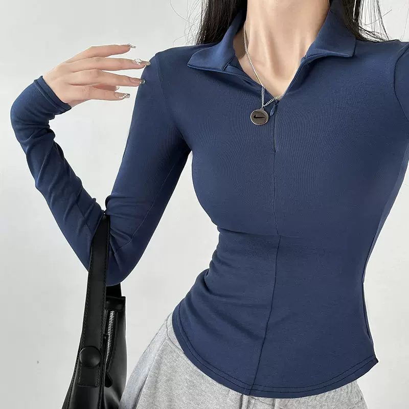 长袖t恤女士2025新款春秋季修身显瘦v领打底衫夏季polo领体桖上衣