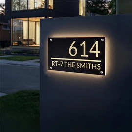 跨境热销门牌号LED不锈钢门牌号LOGO标志背打光黑钢水晶底发光字