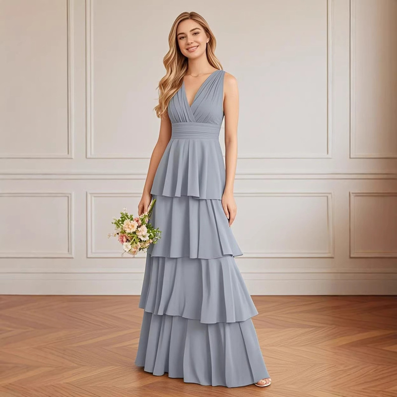 V-Neck Layered Bridesmaid Dress Long Women's Ruffled Chiffon Formal Evening Gown