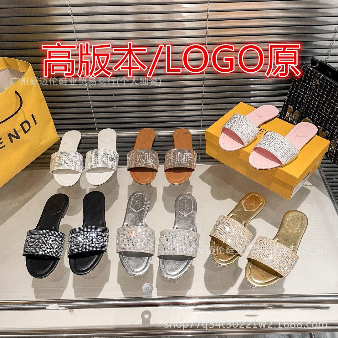 F家2026夏季外贸水钻平底拖鞋女一字型居家外穿休闲凉拖鞋女平跟