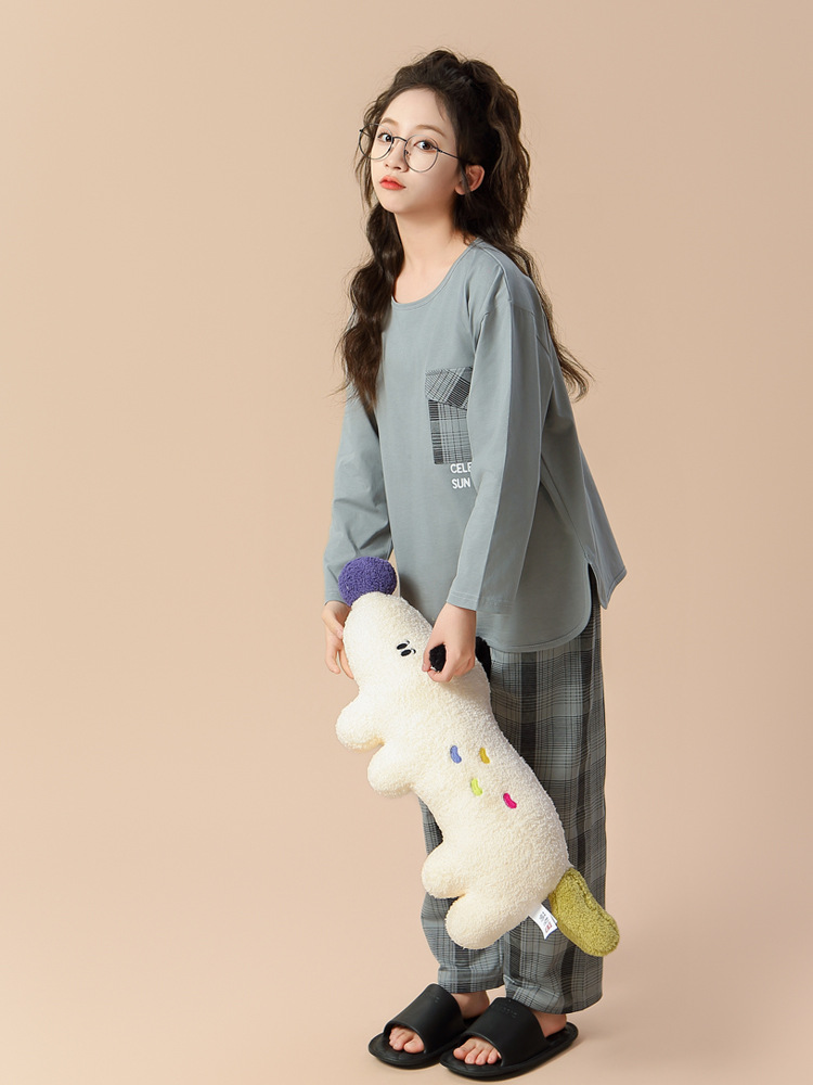 Nueva primavera y otoño algodón de manga larga para niñas estudiantes de niños mayores 100% algodón conjunto de ropa de casa a rejilla