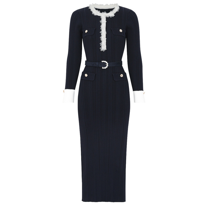 High-quality new summer-autumn fashion sexy U-neck long-sleeve lace trim waist belt slim-fit women's dress 26244