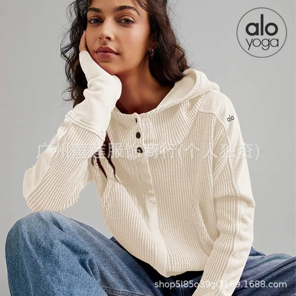 Women's autumn yoga waffle knit hooded cardigan, European and American style, zip-up hooded jacket, short-length knit yoga top