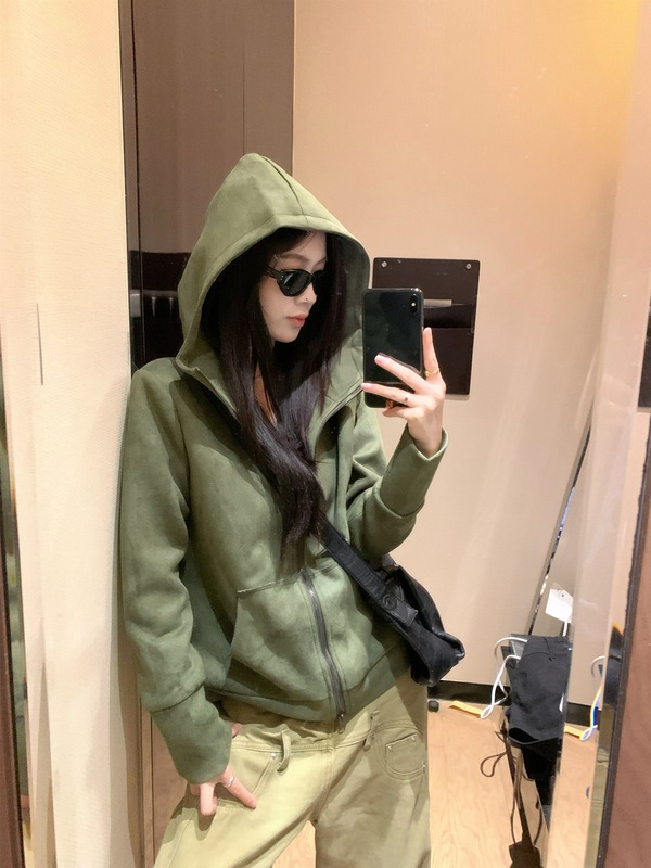 美式复古绿色连帽卫衣外套女秋季超好看拉链开衫短款修身显瘦上衣|undefined