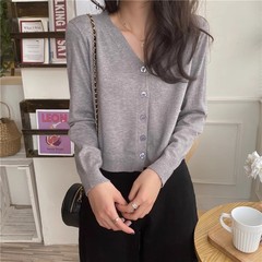 ハイウエストのシングルボタン長袖セーターニットカーディガン、春のトップス、Vネックの女性用ショートジャケット、優しいスタイル