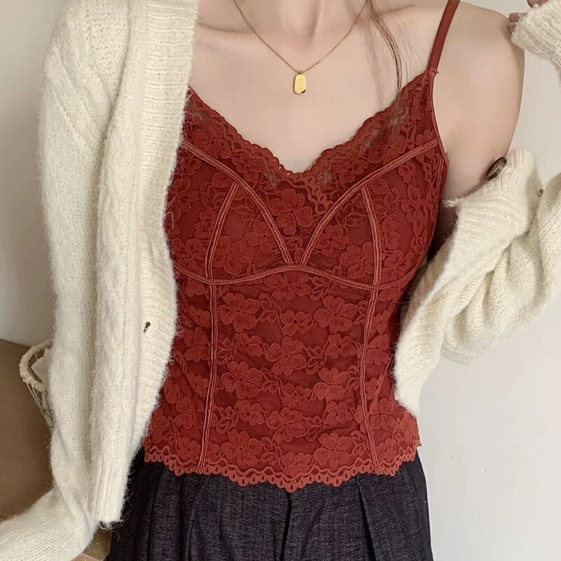 Autumn and Winter Brushed Warm Pure Desire French Lace Inner Wear V-Neck with Chest Pads Camisole Beautiful Back Slimming Base Shirt