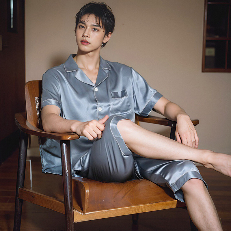 Home Summer 19 Mumi Men's Short Sleeve Mid-Pants Heavy Silk Pajama Set 100% Mulberry Silk Loungewear Loose Fit