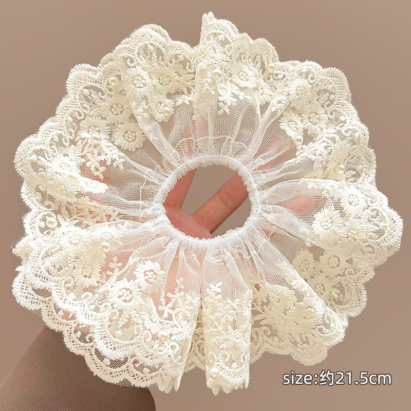 Encaje de flor coreana Encaje de intestino grueso Anillo de cabello femenino Cabeza de flor de viento pastoral Cuerda de cabeza de bola de gran tamaño Accesorios para el cabello de alta calidad