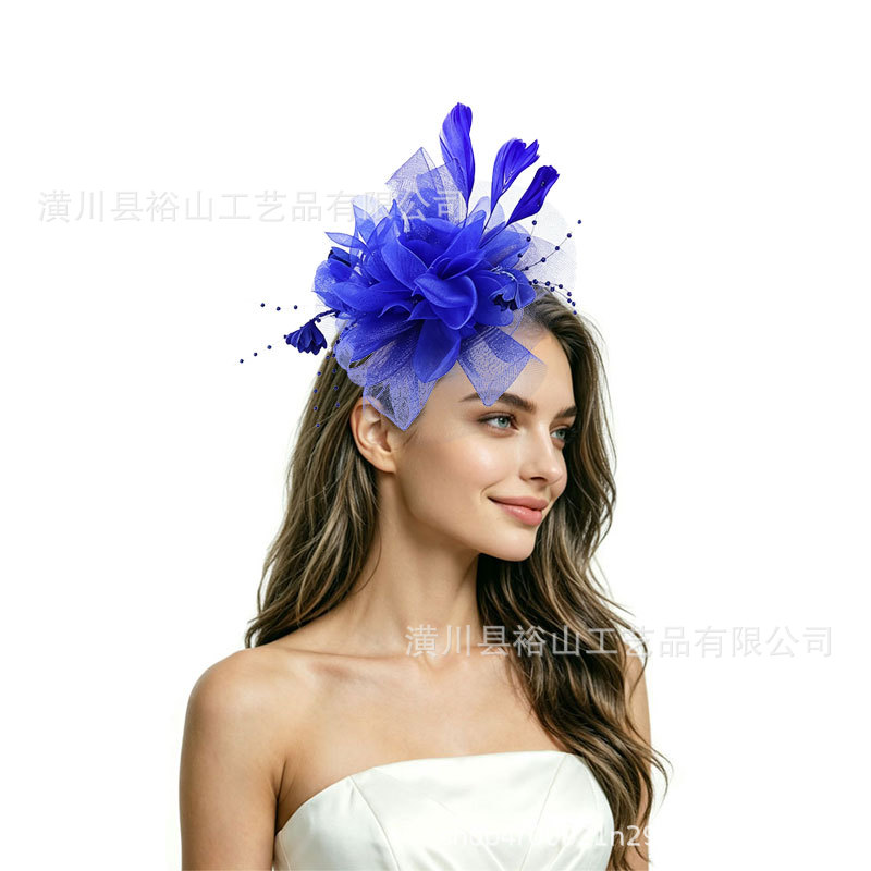 Popular feather headpiece for horse racing festivals, banquets, cocktail parties, stage performances, cheongsam, bridal mesh hair accessory, head flower for weddings