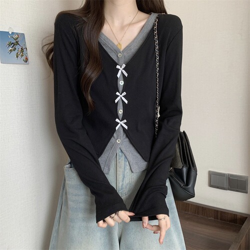 MR Original Design Early Autumn Two-Piece Color Blocking V-Neck Slimming Loose Casual Versatile Long-Sleeve Cardigan Top