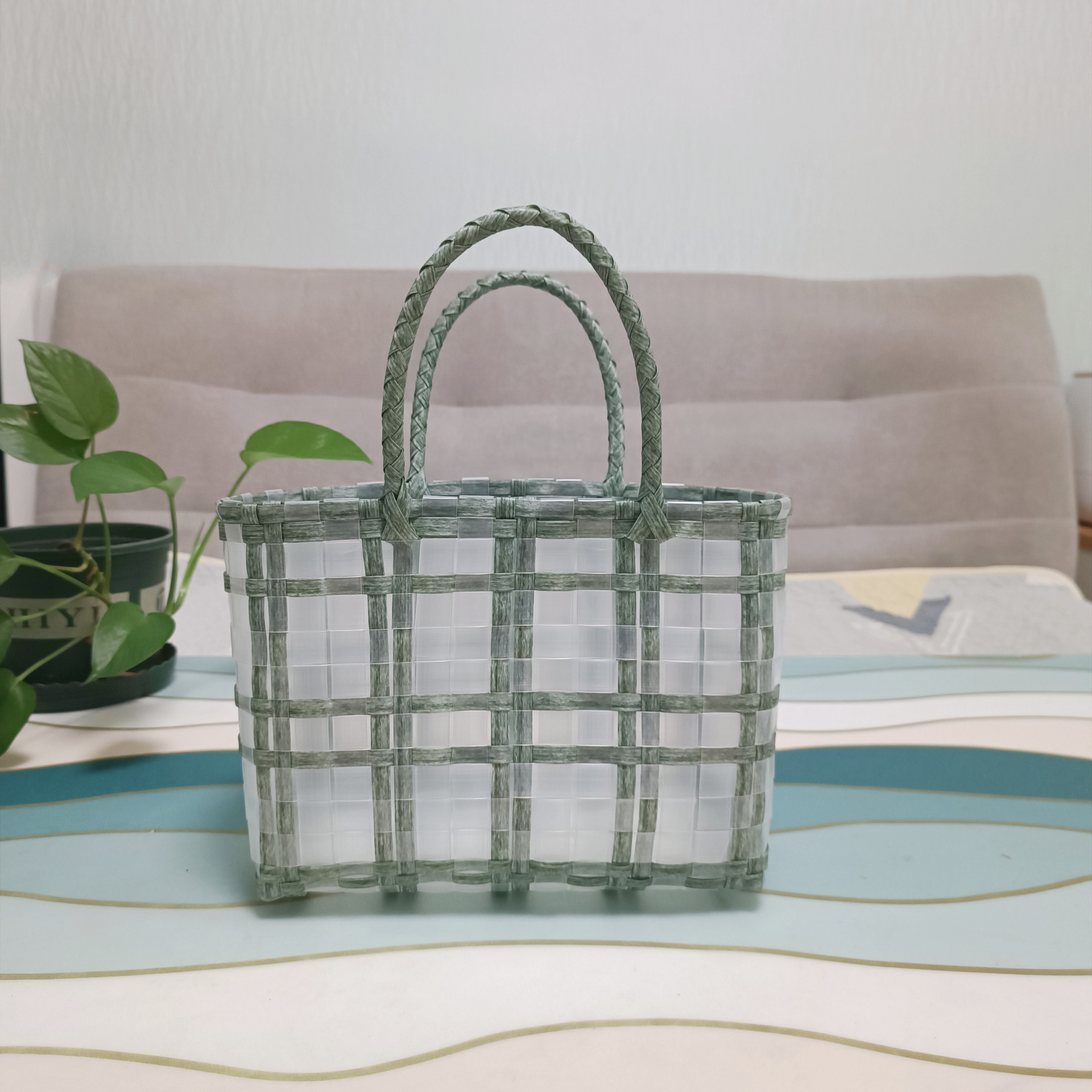 756g Weight Open Closure Type Double Handle Strap Type Handbag Bags Type Holiday, Travel Occasion PVC Material Plaid Pattern All Seasons Season Women's Gender Cute, Vacation Style Square Shape Large Size Women's Cute Vacation Plaid PVC Shopping Bags 17