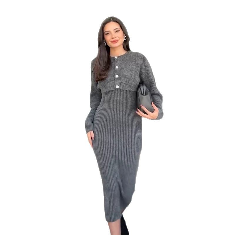 2025 nuevo comercio exterior transfronterizo de Europa y Estados Unidos botones de ropa de mujer de punto temperamento de moda temperamento de color sólido conjunto de vestido