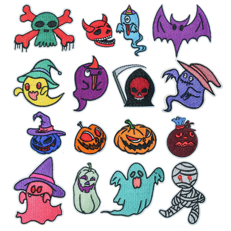 新款卡通万圣节鬼节刺绣布贴小鬼南瓜灯骷髅头蝙蝠徽章鞋服帽装饰
