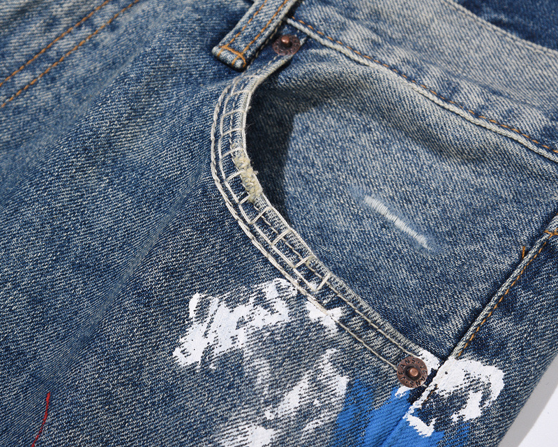 Men's Clothing washed old damaged holes cat whisker embroidery print ink splash micro flared wide leg jeans jeans_voghion.com