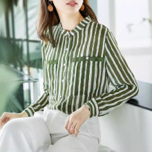 竖条纹雪纺衬衫女春秋装2024年新款洋气牛油果军绿色长袖立领上衣