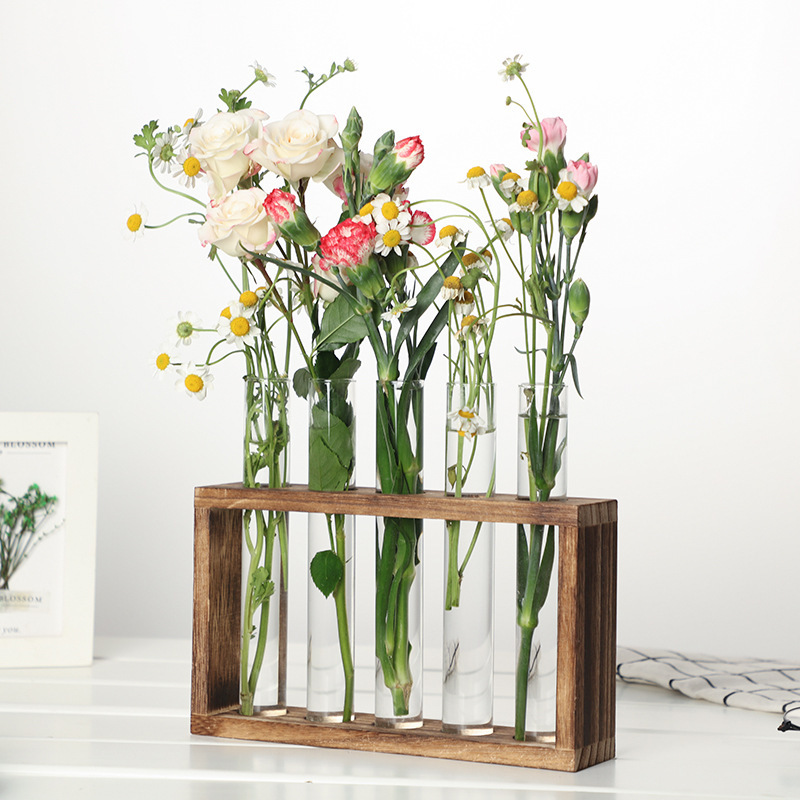 Hydroponic Green Plant Test Tube Vase Aqua Flower-arranging Plant Container Simple Wooden Frame Ornaments Decorative Creative Glass Flower Ware