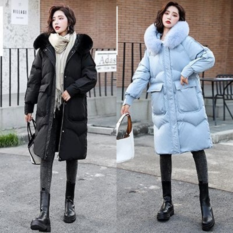 White Duck Down Korean Style Slim-fit Down Jacket Women's 2022 New Arrival All-match Real Fox Fur Collar Over-knee Mid-length Jacket