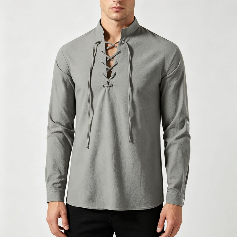 European and American Long-Sleeved T-Shirts for Men, High-End Stand-Up Collar Henley Shirts, Casual Retro Base Shirts, Foreign Trade Cross-Border Men's Clothing