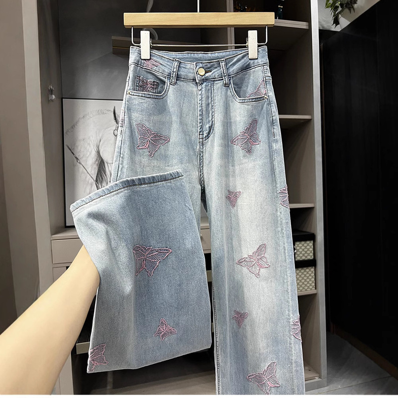 Retention quality goods! Just shoot blind! Fashion Butterfly Embroidered High Waist Denim Straight Pants Women Wide Leg Pants Women Summer