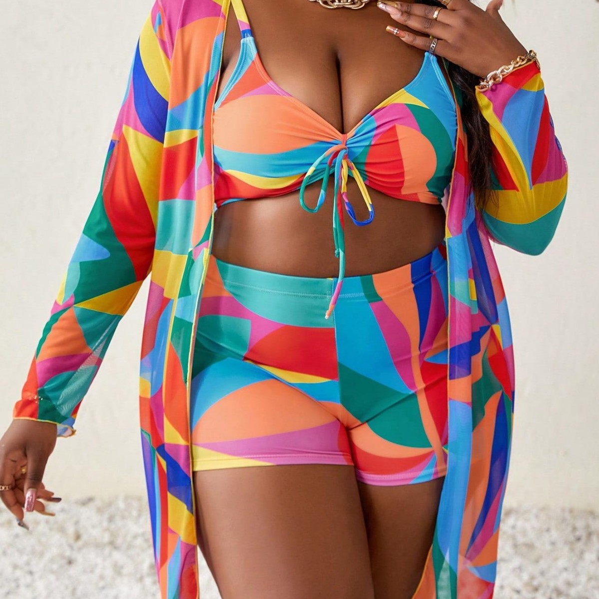 2025 New European and American Colorful Printed Blouse Thin Translucent Three-Piece Swimsuit Women's Sun Protection Beach Suit