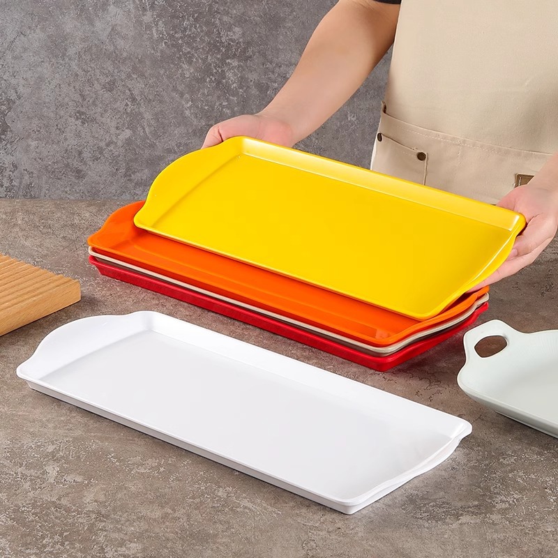 Super grueso A5 bandeja de melamina comercial rectangular con mango plato de comedor de jardín de infantes de plástico pan de exhibición plato de doble oreja