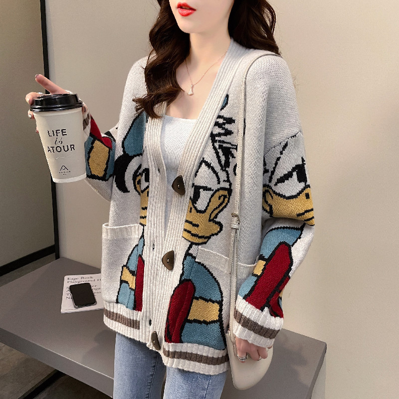 Foreign Trade Retro Donald Duck Jacquard Sweater Jacket for Women in Autumn and Winter Loose Outer Wear Lazy Style Thickeneded Knitted Cardigan