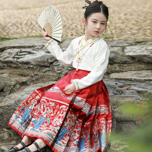 Children's Set of Ma Mian Skirts for Autumn/Winter, Modified Ming-style Chinese-style Semi-skirt Two-piece Set, Chinese-style Hanfu for Girls