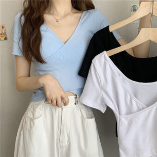 2025 New Summer Design Cross Versatile Slimming Look Short-Sleeved T-Shirt for Women Korean Style Short Pure Color Top for Women