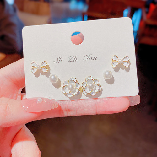 S925 Silver Needle Super Fairy Temperament Set Flower Earrings Women's Small Fresh Simple Oil Drop Pearl Earrings Net Red Earrings