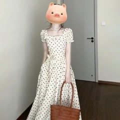 韓国スタイルのパフスリーブドレスレディース2025年夏新作半袖スクエアネック水玉模様ウエスト絞りカジュアルロングドレス