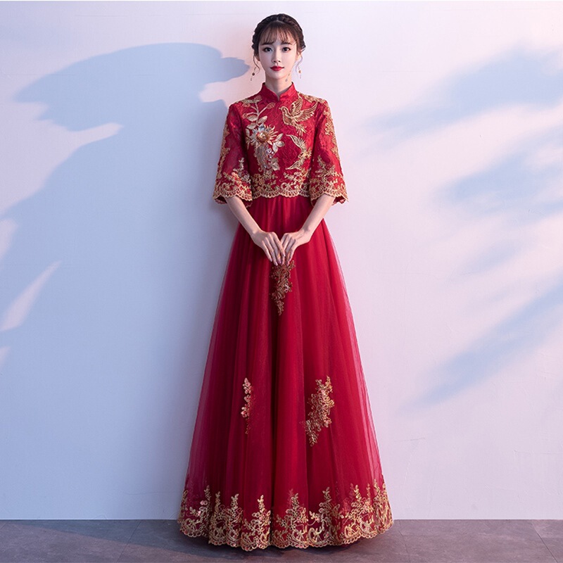 Bride's Toast Dress, Summer Chinese-Style Qipao, Elegant Maternity Gown, Wine Red Wedding Xiuhe Dress for Engagement