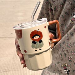 高颜值吸管杯子马克杯带柄夏季高颜值设计感咖啡杯果汁牛奶杯男女