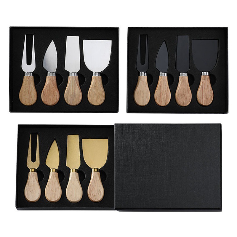 Oak handle cheese knife and fork set 4-piece small fork butter knife 6-piece baking tools spatula cheese knife set