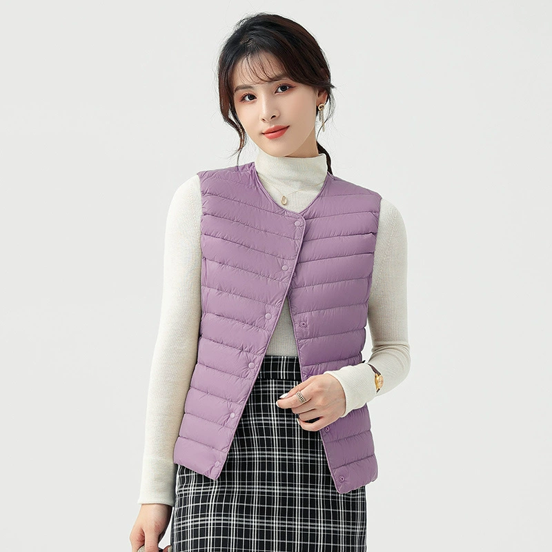 Легкий пуховый жилет женский короткий воротник с тонкой стойкой в прямом эфире